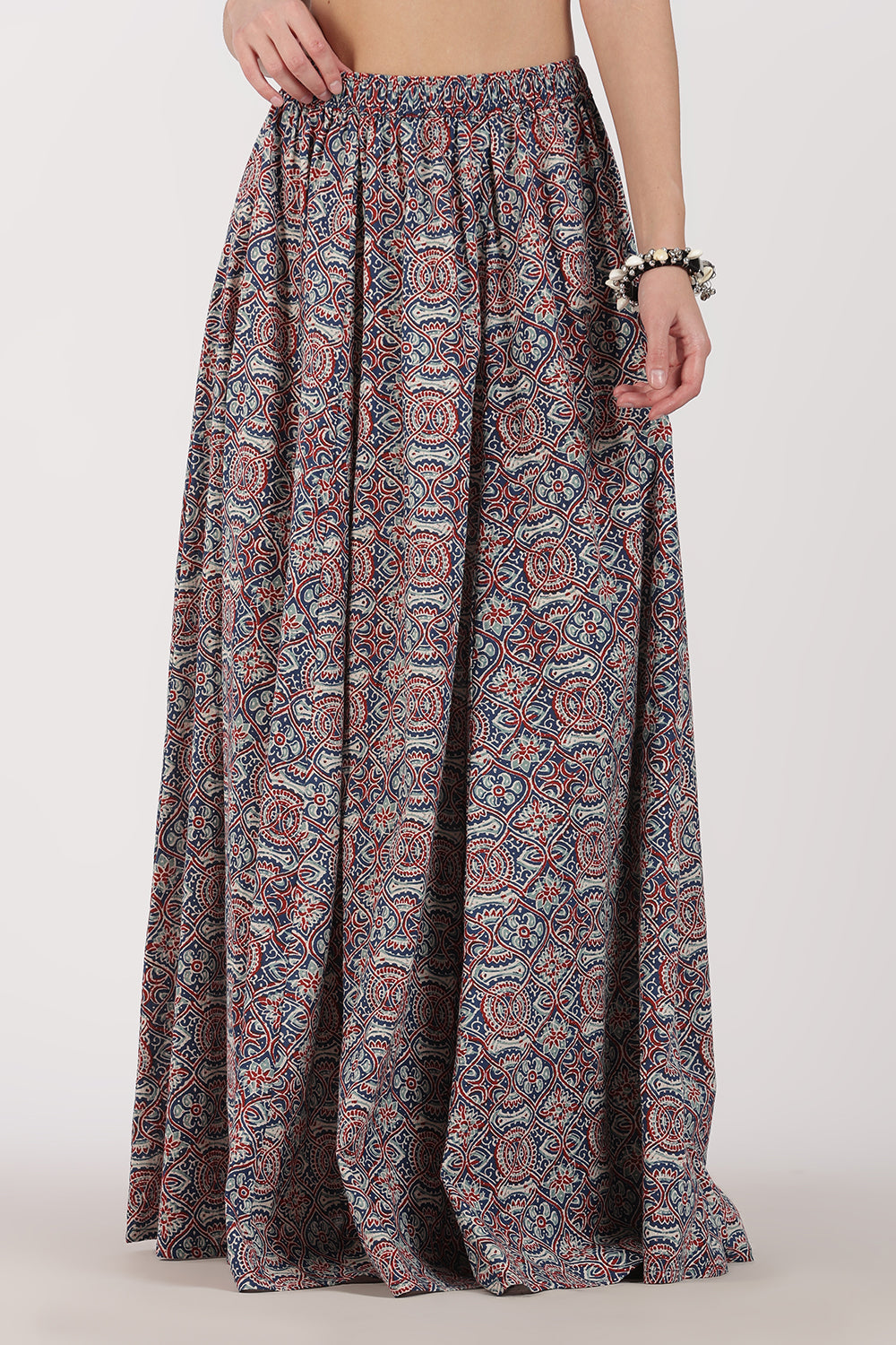 Mythri Women’s Full-Length Cotton Blend Kali Skirt | Elastic Waist, Jaipur Print, Flared Fit - Blue 2 - SK05