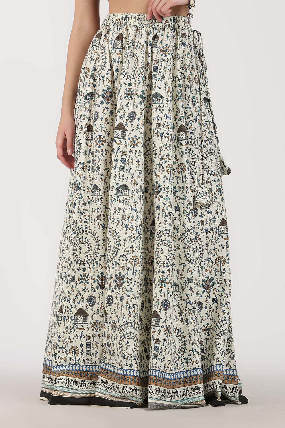 Mythri Women’s Cotton Blend Long Skirt with Tassels | Jaipur Print, Elastic Waist, Flared Fit - Blue Print - SK10
