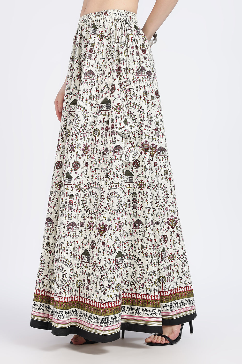 Mythri Women’s Cotton Blend Long Skirt with Tassels | Jaipur Print, Elastic Waist, Flared Fit - Yellow Print - SK10