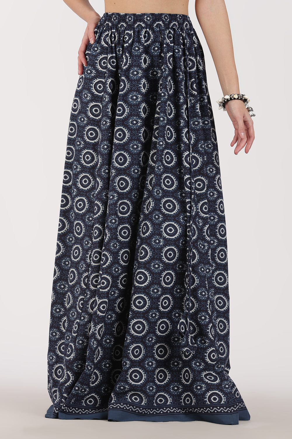 Mythri Women’s Cotton Blend Long Skirt with Tassels | Jaipur Print, Elastic Waist, Flared Fit - Blue - SK10