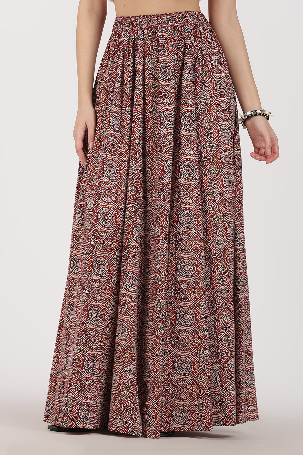 Mythri Women’s Full-Length Cotton Blend Kali Skirt | Elastic Waist, Jaipur Print, Flared Fit - Red 2 - SK05