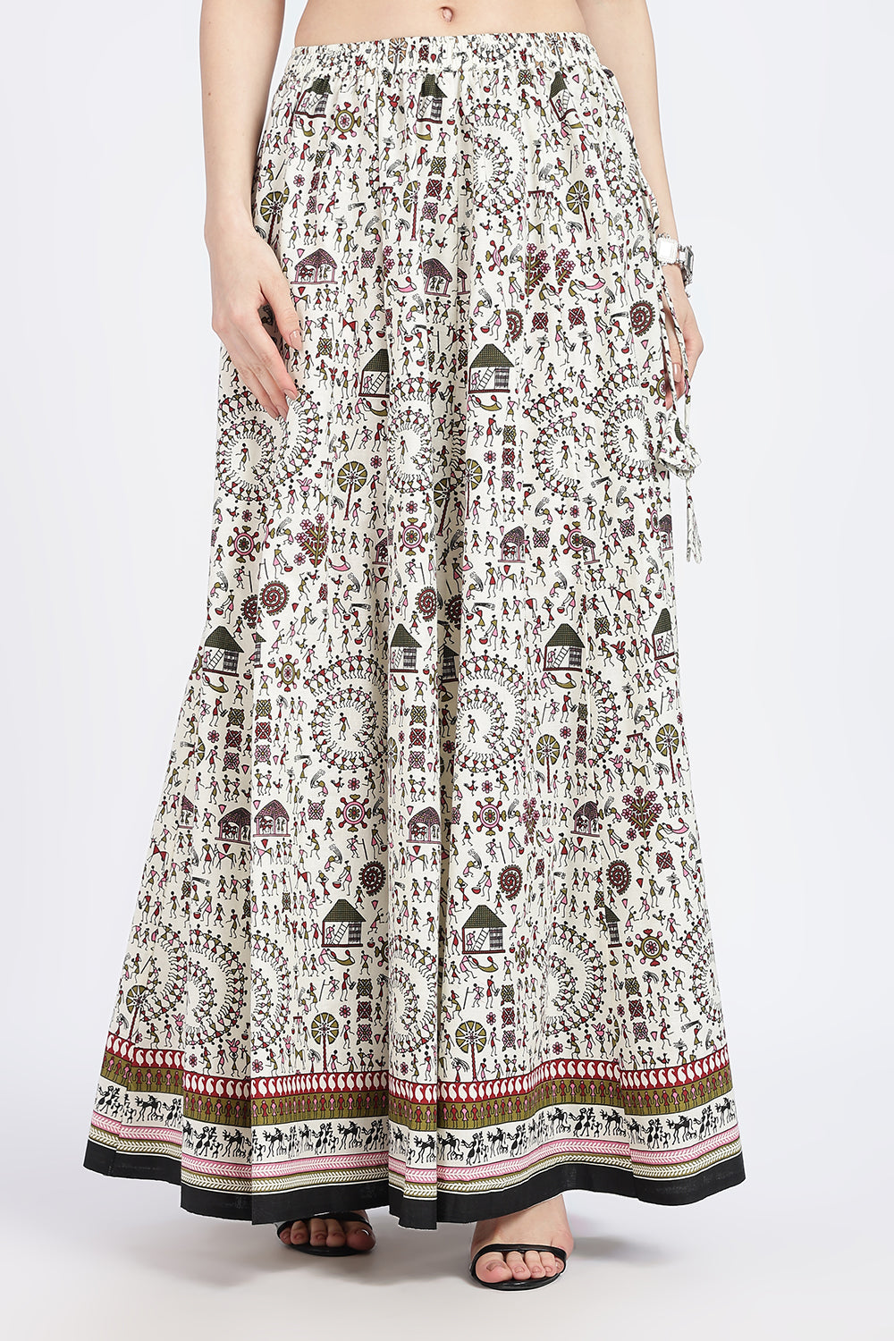 Mythri Women’s Cotton Blend Long Skirt with Tassels | Jaipur Print, Elastic Waist, Flared Fit - Yellow Print - SK10