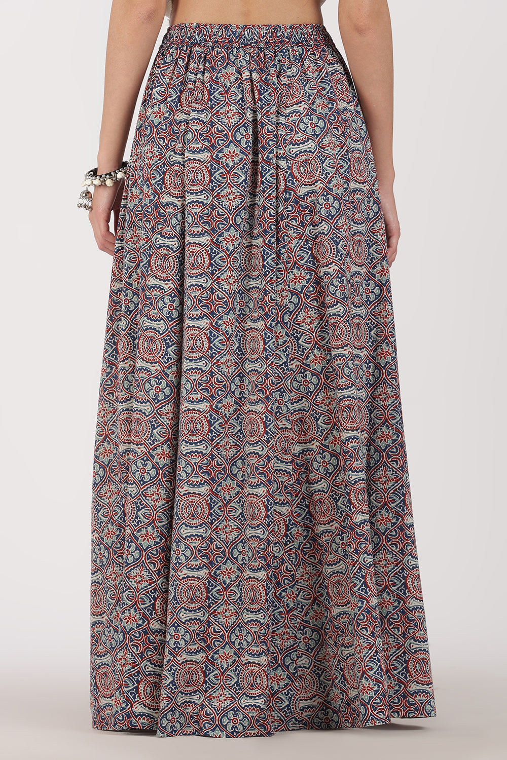 Mythri Women’s Full-Length Cotton Blend Kali Skirt | Elastic Waist, Jaipur Print, Flared Fit - Blue 2 - SK05