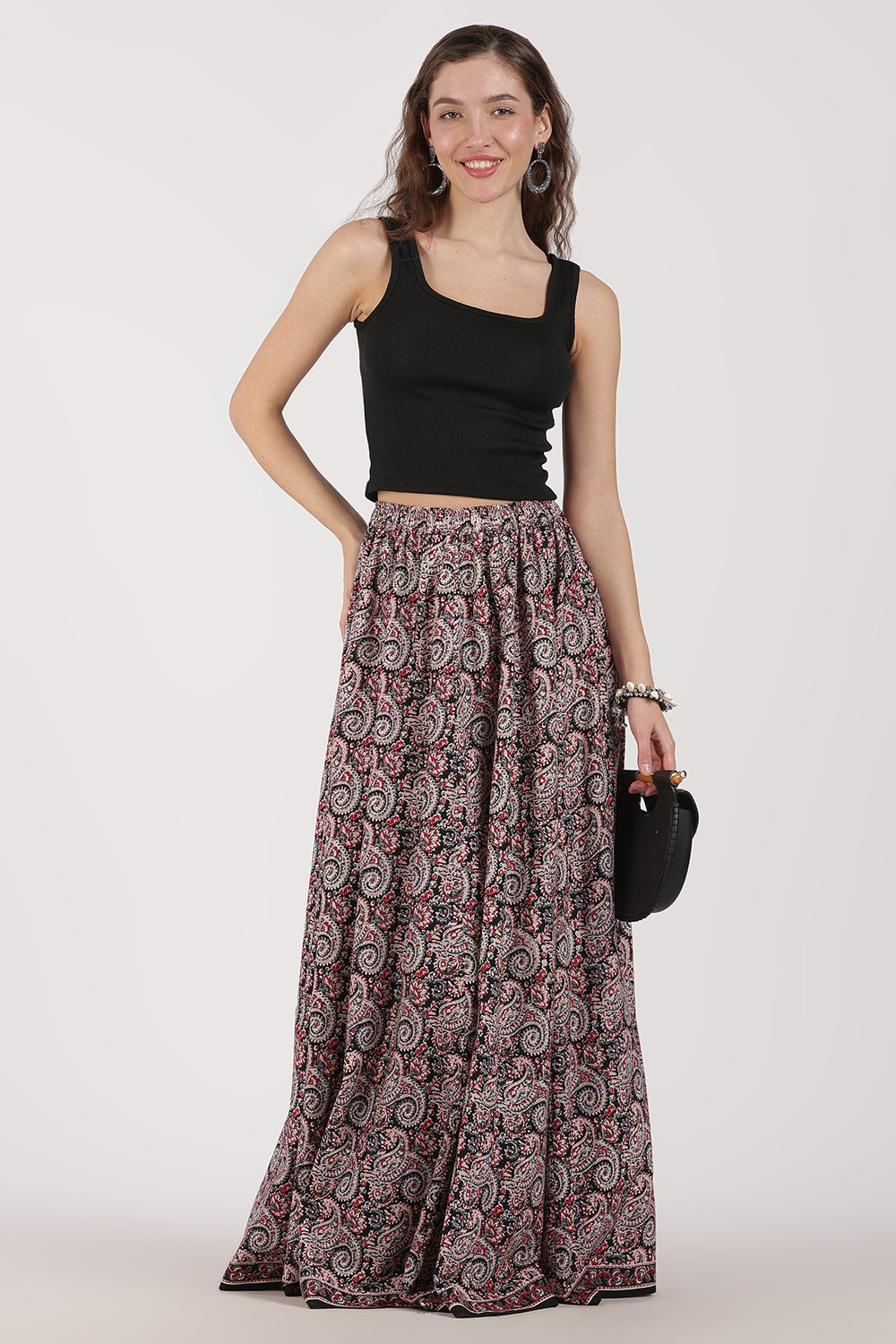 Mythri Women’s Full-Length Cotton Blend Kali Skirt | Elastic Waist, Jaipur Print, Flared Fit - Black - SK05