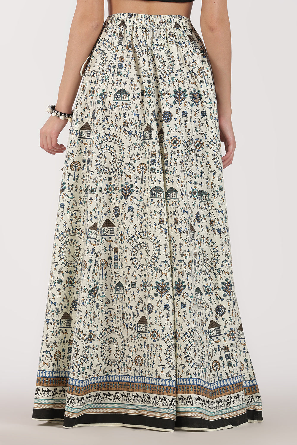 Mythri Women’s Cotton Blend Long Skirt with Tassels | Jaipur Print, Elastic Waist, Flared Fit - Blue Print - SK10