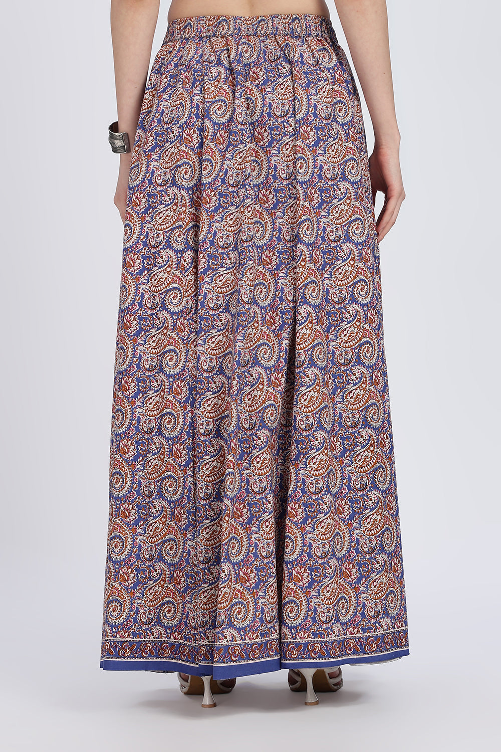 Mythri Women’s Full-Length Cotton Blend Kali Skirt | Elastic Waist, Jaipur Print, Flared Fit - Blue - SK05