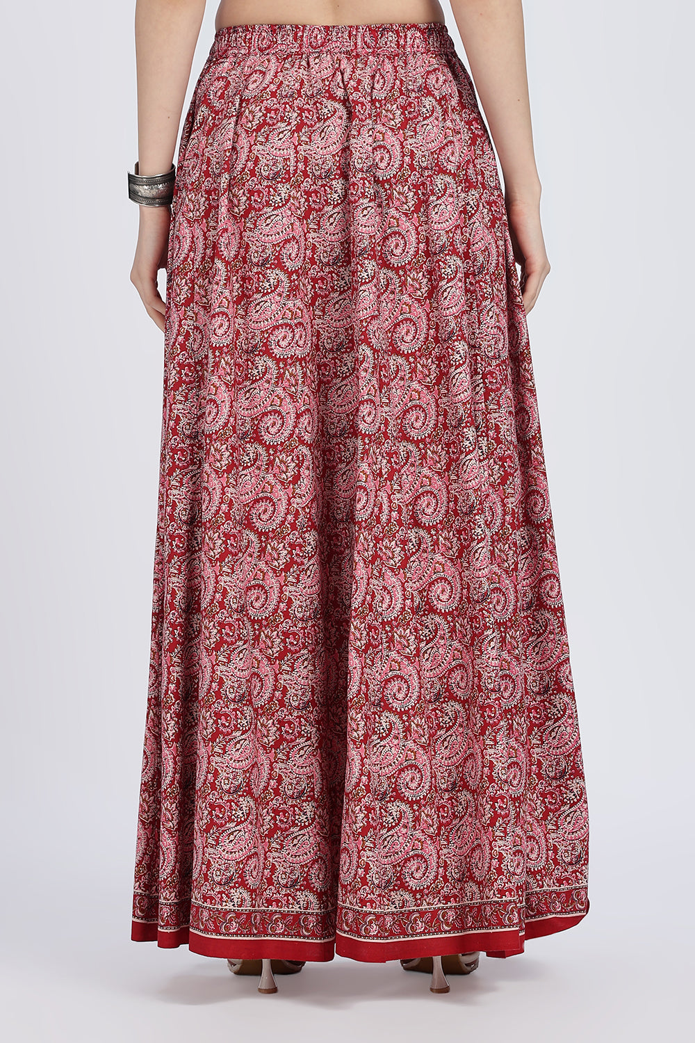 Mythri Women’s Full-Length Cotton Blend Kali Skirt | Elastic Waist, Jaipur Print, Flared Fit - Red - SK05