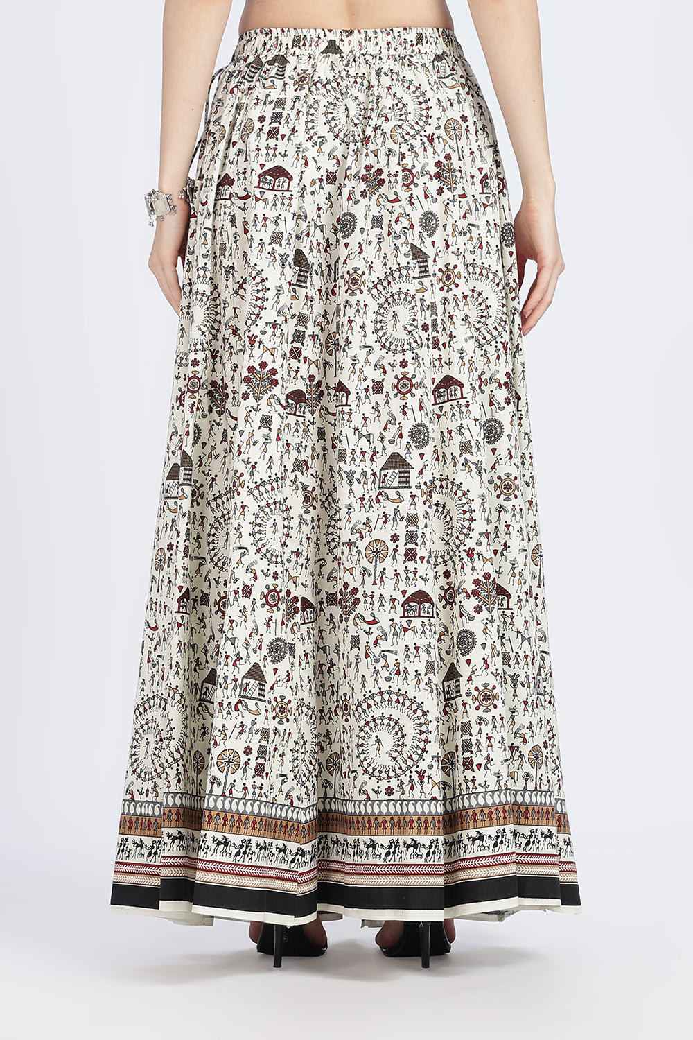 Mythri Women’s Cotton Blend Long Skirt with Tassels | Jaipur Print, Elastic Waist, Flared Fit - Red Print - SK10