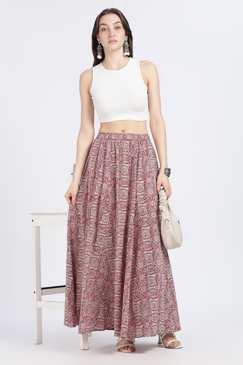 Mythri Women’s Full-Length Cotton Blend Kali Skirt | Elastic Waist, Jaipur Print, Flared Fit - Dark Pink - SK05