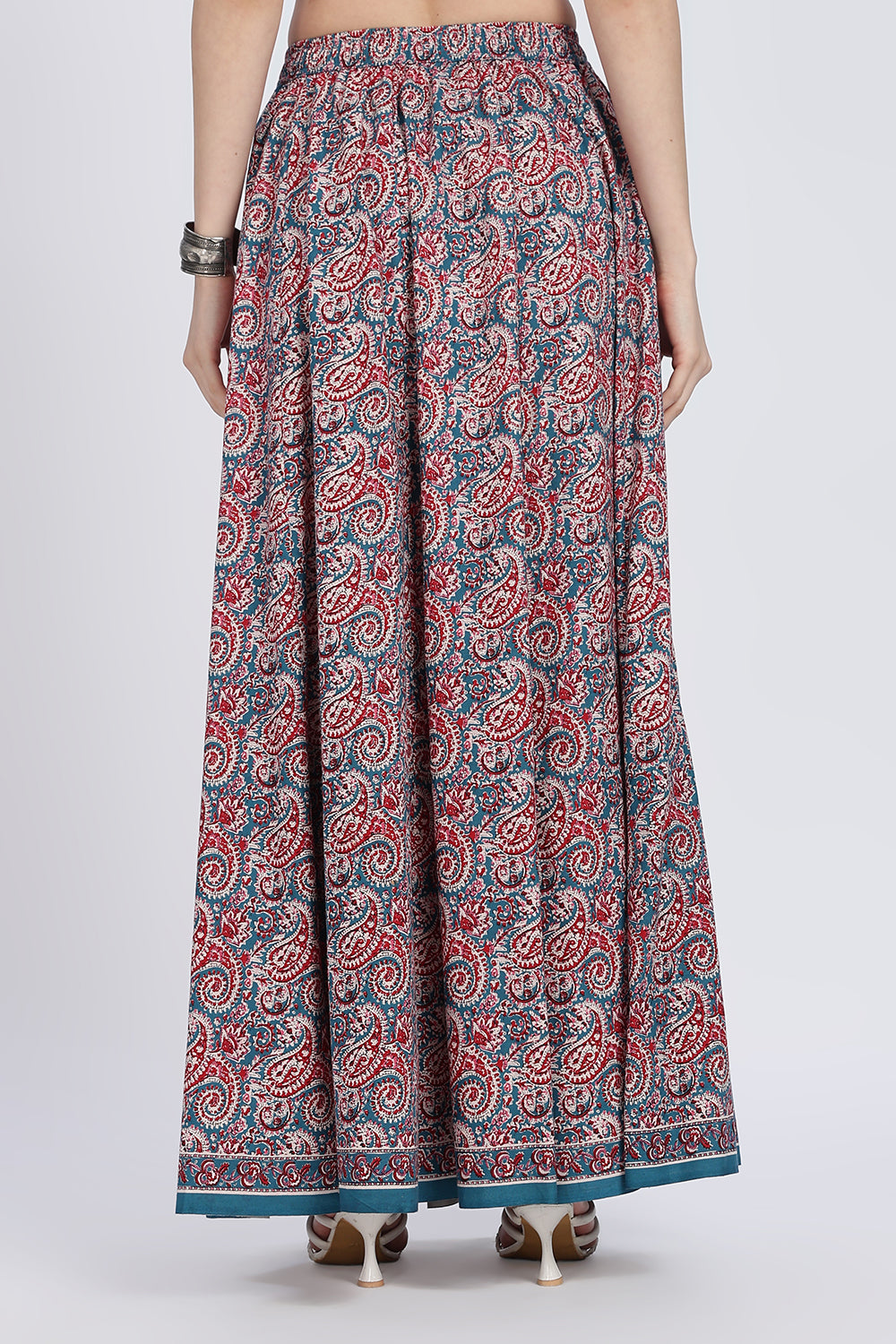 Mythri Women’s Full-Length Cotton Blend Kali Skirt | Elastic Waist, Jaipur Print, Flared Fit - Teal Green - SK05