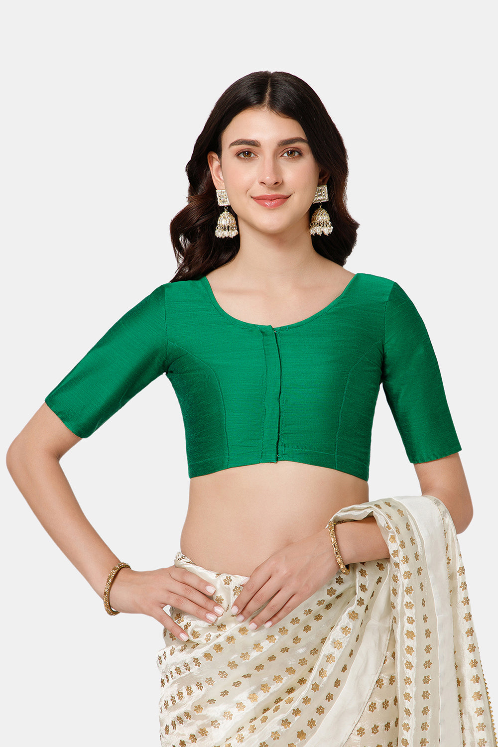 Naidu Hall Women’s Cotton Blouse – U-Neck Front Open Blouse with Elbow Sleeves & Princess Cut | Elegant Everyday & Ethnic Wear - BU17