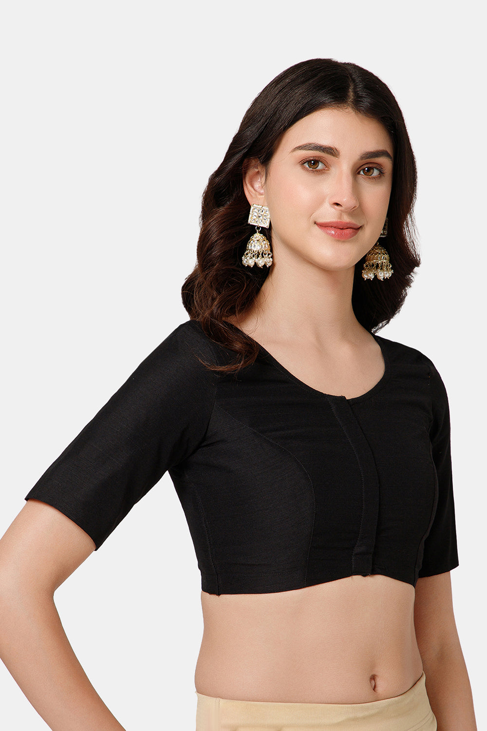 Naidu Hall Women’s Cotton Blouse – U-Neck Front Open Blouse with Elbow Sleeves & Princess Cut | Elegant Everyday & Ethnic Wear - BU17