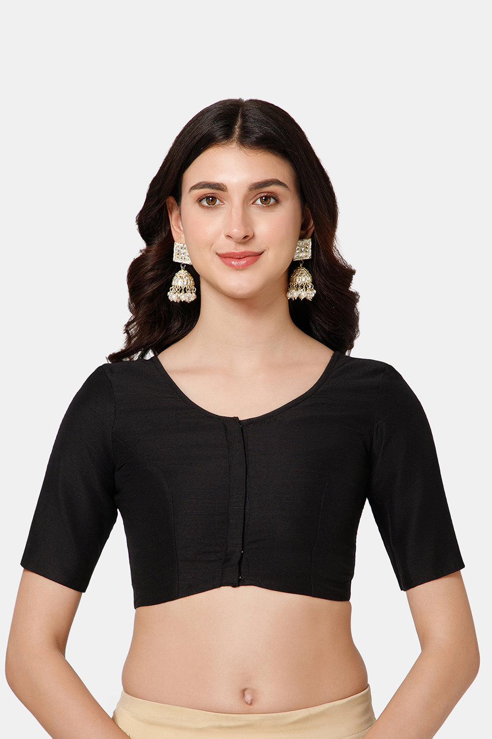 Naidu Hall Women’s Cotton Blouse – U-Neck Front Open Blouse with Elbow Sleeves & Princess Cut | Elegant Everyday & Ethnic Wear - BU17