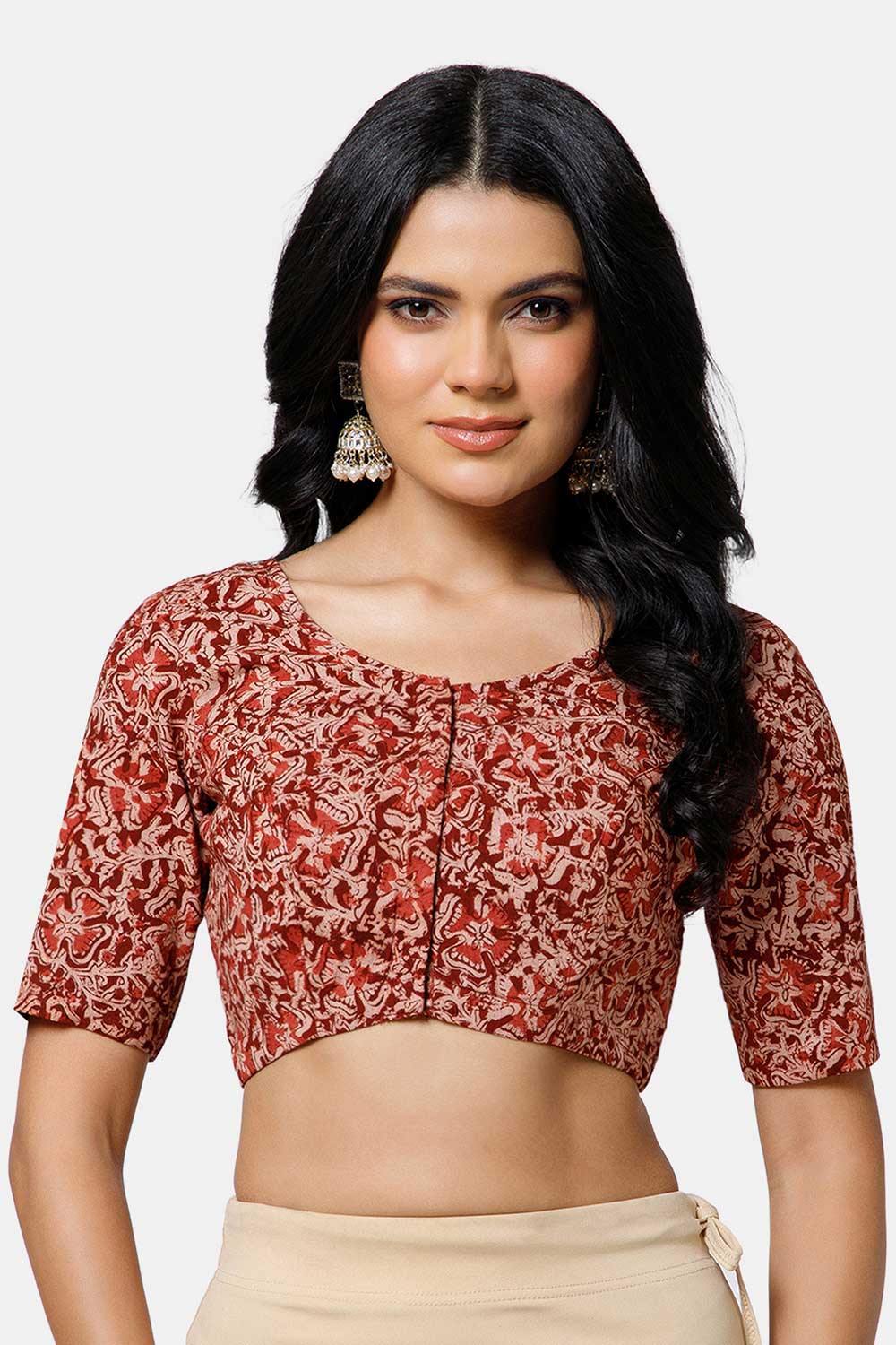 Naidu Hall Women’s Cotton Blouse – U-Neck Front Open Blouse with Princess Cut & Elbow Sleeves | Everyday Ethnic Wear - BU17-K7