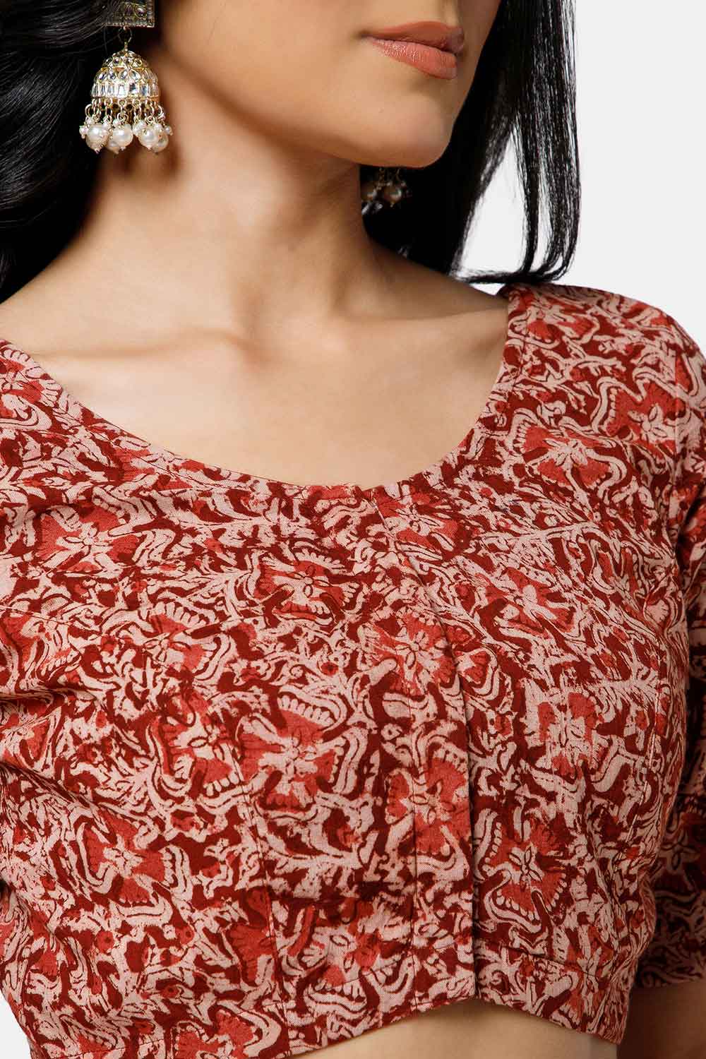 Naidu Hall Women’s Cotton Blouse – U-Neck Front Open Blouse with Princess Cut & Elbow Sleeves | Everyday Ethnic Wear - BU17-K7