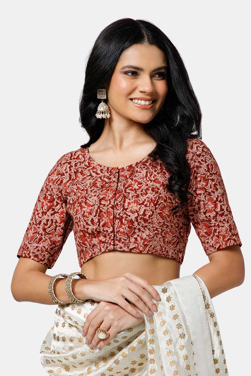 Naidu Hall Women’s Cotton Blouse – U-Neck Front Open Blouse with Princess Cut & Elbow Sleeves | Everyday Ethnic Wear - BU17-K7