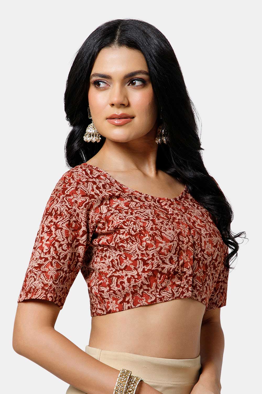 Naidu Hall Women’s Cotton Blouse – U-Neck Front Open Blouse with Princess Cut & Elbow Sleeves | Everyday Ethnic Wear - BU17-K7