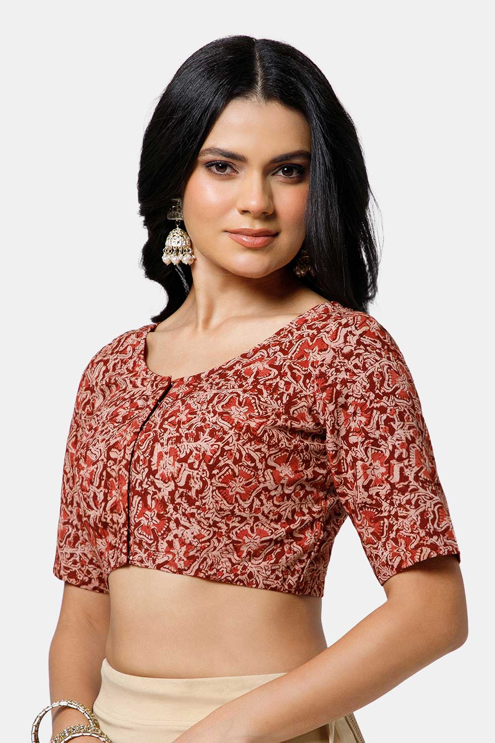 Naidu Hall Women’s Cotton Blouse – U-Neck Front Open Blouse with Princess Cut & Elbow Sleeves | Everyday Ethnic Wear - BU17-K7