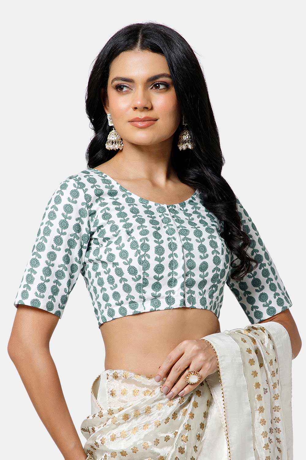 Naidu Hall Women’s Cotton Blouse – U Neck Front Open Saree Blouse with Princess Cut & Elbow Sleeves | Traditional & Casual Ethnic Wear Blouse for Women - White - BU17-P5