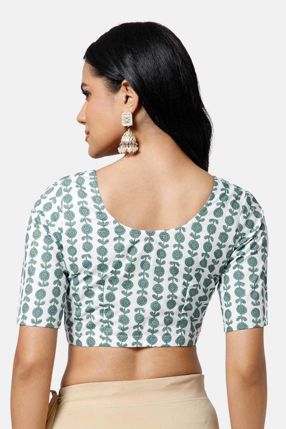 Naidu Hall Women’s Cotton Blouse – U Neck Front Open Saree Blouse with Princess Cut & Elbow Sleeves | Traditional & Casual Ethnic Wear Blouse for Women - White - BU17-P5