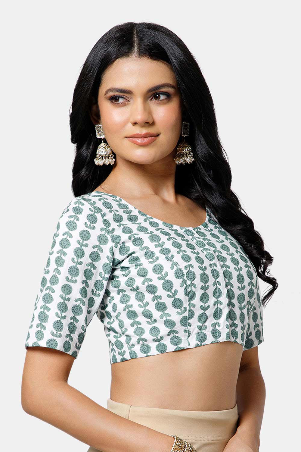 Naidu Hall Women’s Cotton Blouse – U Neck Front Open Saree Blouse with Princess Cut & Elbow Sleeves | Traditional & Casual Ethnic Wear Blouse for Women - White - BU17-P5