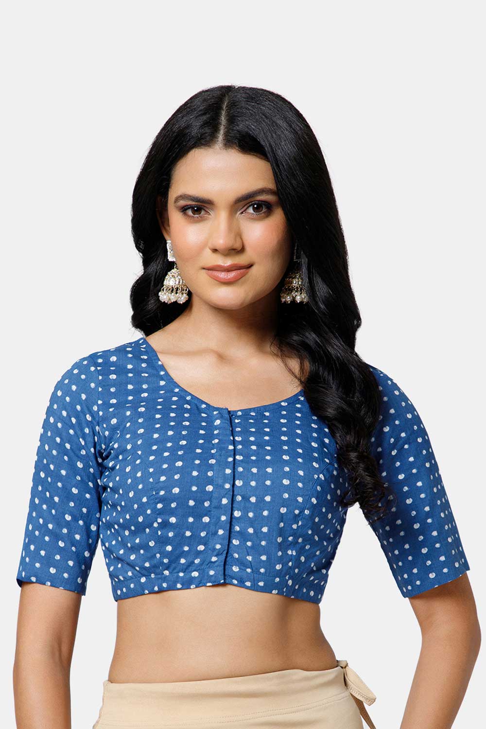Naidu Hall Women’s Cotton Blouse – U Neck Front Open Saree Blouse with Princess Cut & Elbow Sleeves | Traditional & Casual Ethnic Wear Blouse for Women - Dark Blue - BU17-P4