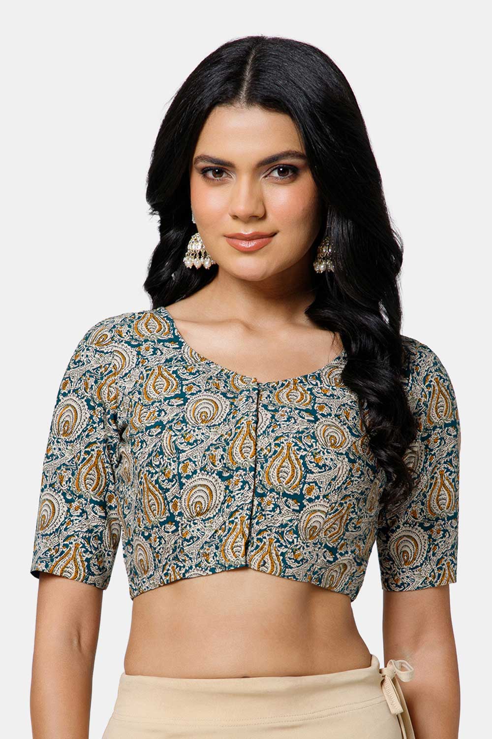 Naidu Hall Women’s Cotton Blouse – U Neck Front Open Saree Blouse with Princess Cut & Elbow Sleeves | Traditional & Casual Ethnic Wear Blouse for Women - Green - BU17-P2