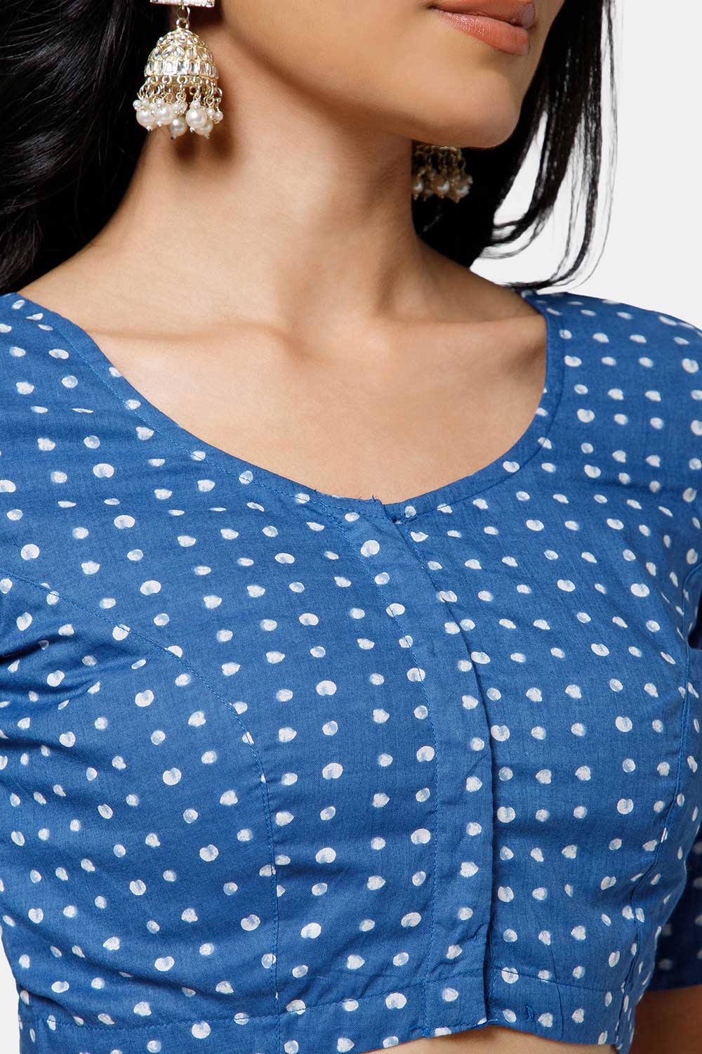 Naidu Hall Women’s Cotton Blouse – U Neck Front Open Saree Blouse with Princess Cut & Elbow Sleeves | Traditional & Casual Ethnic Wear Blouse for Women - Dark Blue - BU17-P4