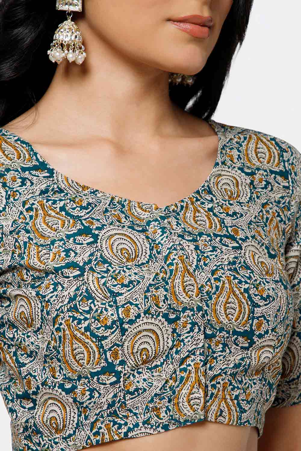 Naidu Hall Women’s Cotton Blouse – U Neck Front Open Saree Blouse with Princess Cut & Elbow Sleeves | Traditional & Casual Ethnic Wear Blouse for Women - Green - BU17-P2