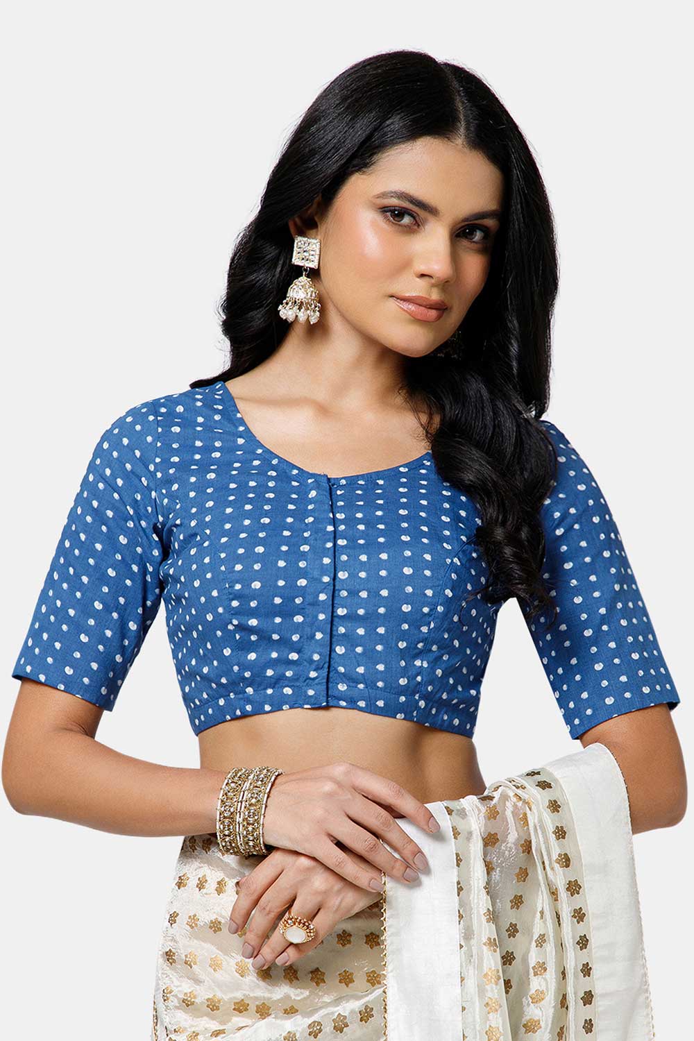 Naidu Hall Women’s Cotton Blouse – U Neck Front Open Saree Blouse with Princess Cut & Elbow Sleeves | Traditional & Casual Ethnic Wear Blouse for Women - Dark Blue - BU17-P4