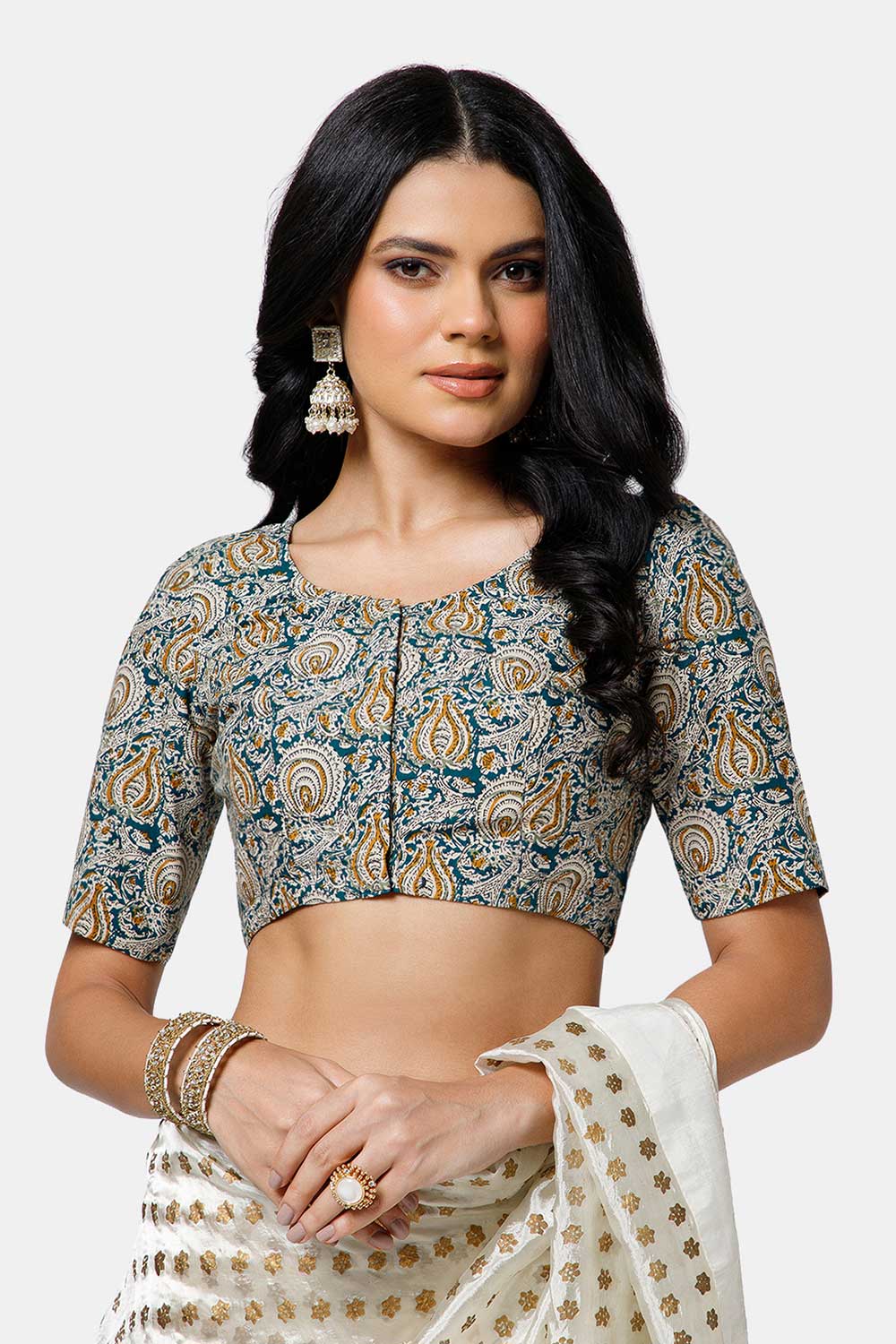 Naidu Hall Women’s Cotton Blouse – U Neck Front Open Saree Blouse with Princess Cut & Elbow Sleeves | Traditional & Casual Ethnic Wear Blouse for Women - Green - BU17-P2