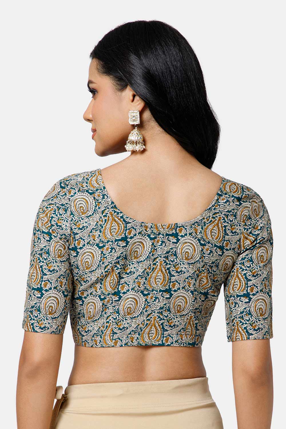 Naidu Hall Women’s Cotton Blouse – U Neck Front Open Saree Blouse with Princess Cut & Elbow Sleeves | Traditional & Casual Ethnic Wear Blouse for Women - Green - BU17-P2