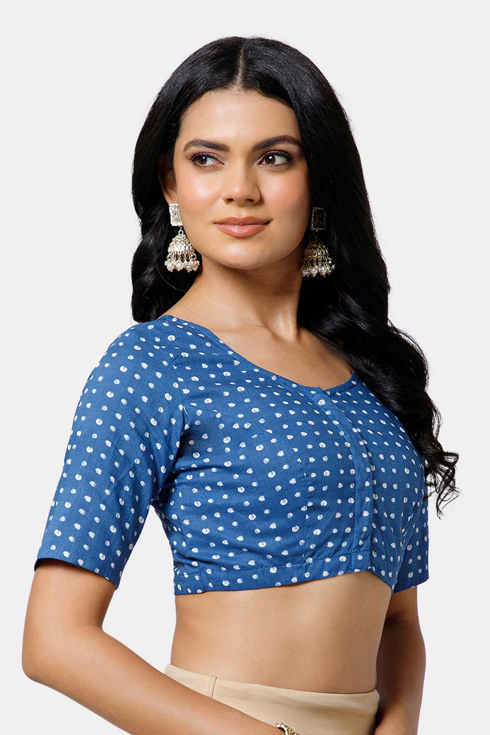 Naidu Hall Women’s Cotton Blouse – U Neck Front Open Saree Blouse with Princess Cut & Elbow Sleeves | Traditional & Casual Ethnic Wear Blouse for Women - Dark Blue - BU17-P4