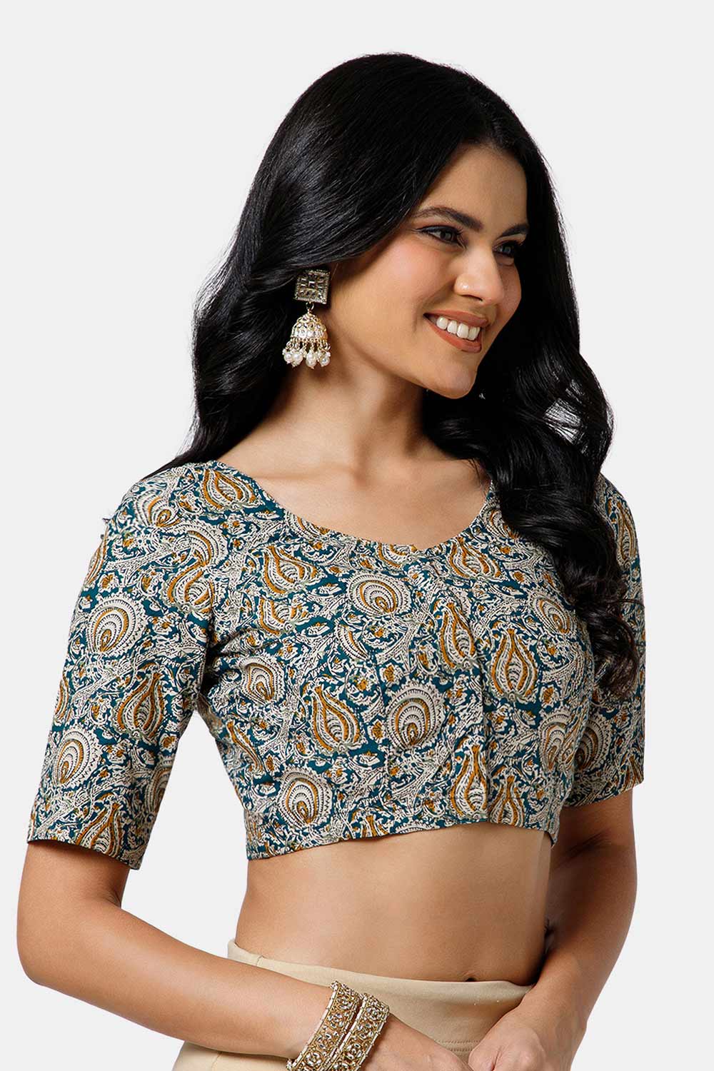 Naidu Hall Women’s Cotton Blouse – U Neck Front Open Saree Blouse with Princess Cut & Elbow Sleeves | Traditional & Casual Ethnic Wear Blouse for Women - Green - BU17-P2