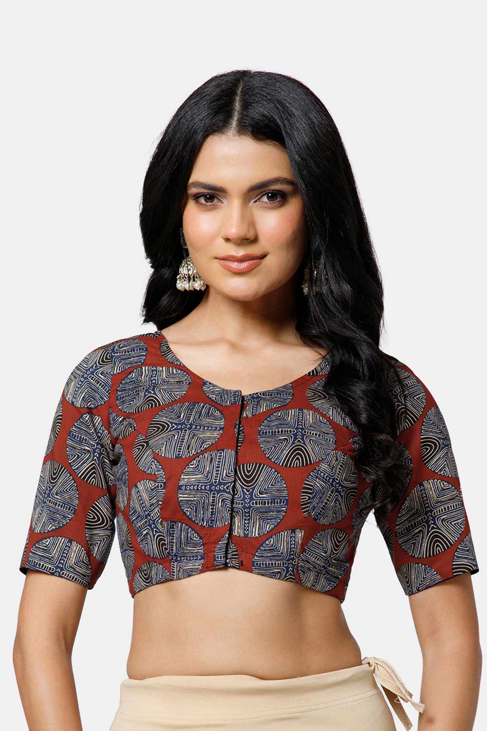 Naidu Hall Women’s Cotton Blouse – U Neck Front Open Saree Blouse with Princess Cut & Elbow Sleeves | Traditional & Casual Ethnic Wear Blouse for Women - Blue - BU17-P3