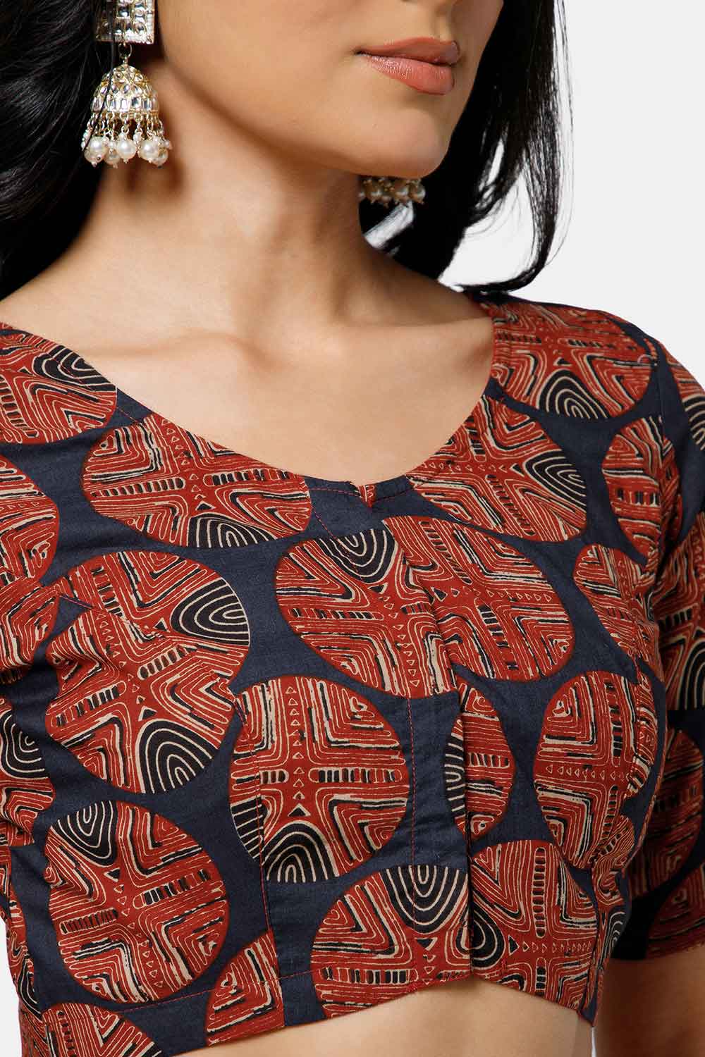 Naidu Hall Women’s Cotton Blouse – U Neck Front Open Saree Blouse with Princess Cut & Elbow Sleeves | Traditional & Casual Ethnic Wear Blouse for Women - Red - BU17-P3