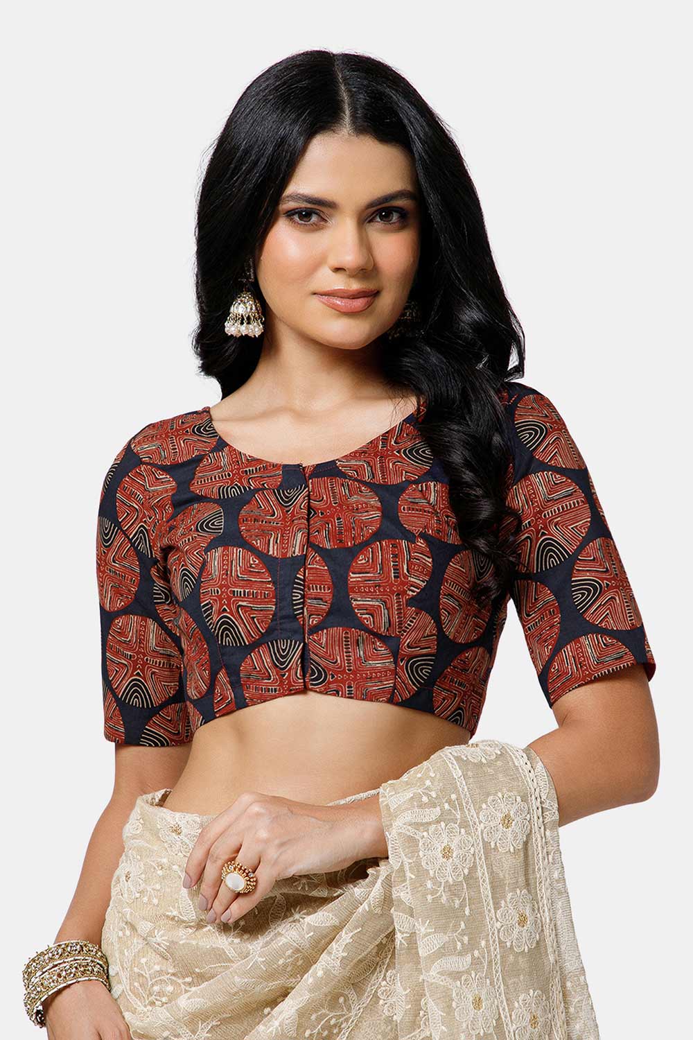 Naidu Hall Women’s Cotton Blouse – U Neck Front Open Saree Blouse with Princess Cut & Elbow Sleeves | Traditional & Casual Ethnic Wear Blouse for Women - Red - BU17-P3