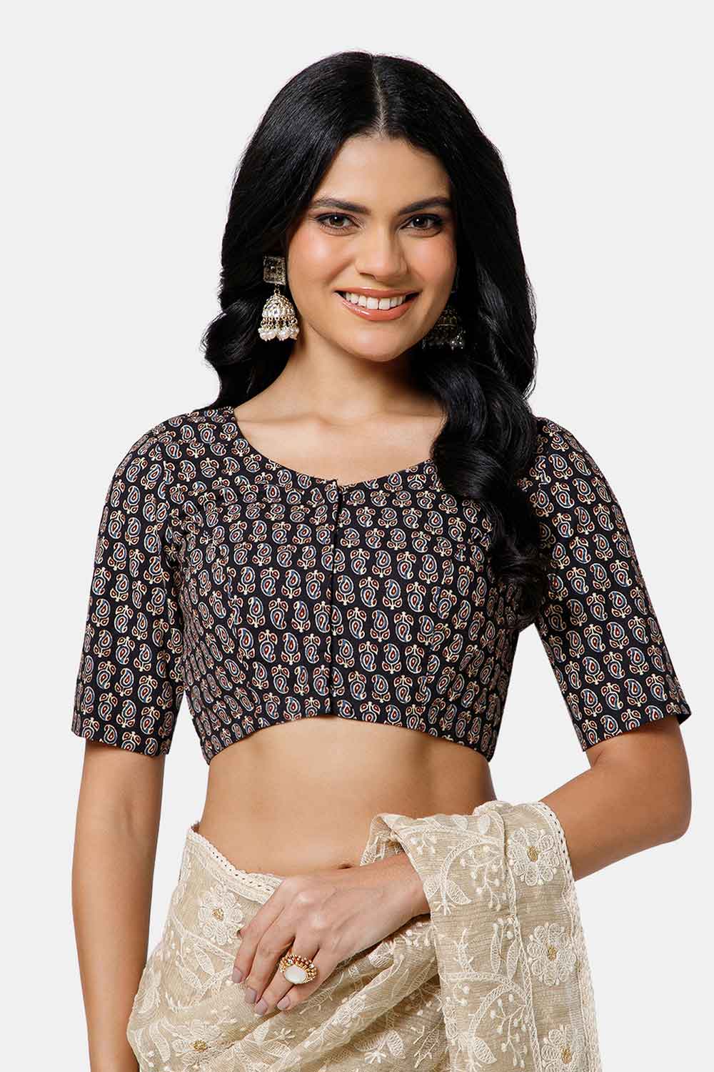 Naidu Hall Women’s Cotton Blouse – U Neck Front Open Saree Blouse with Princess Cut & Elbow Sleeves | Traditional & Casual Ethnic Wear Blouse for Women - Black - BU17-P1