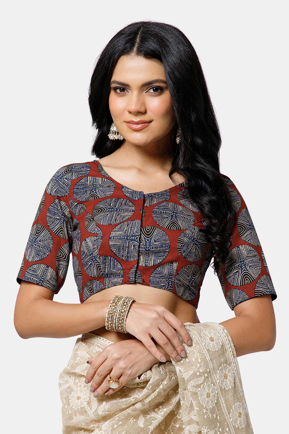 Naidu Hall Women’s Cotton Blouse – U Neck Front Open Saree Blouse with Princess Cut & Elbow Sleeves | Traditional & Casual Ethnic Wear Blouse for Women - Blue - BU17-P3