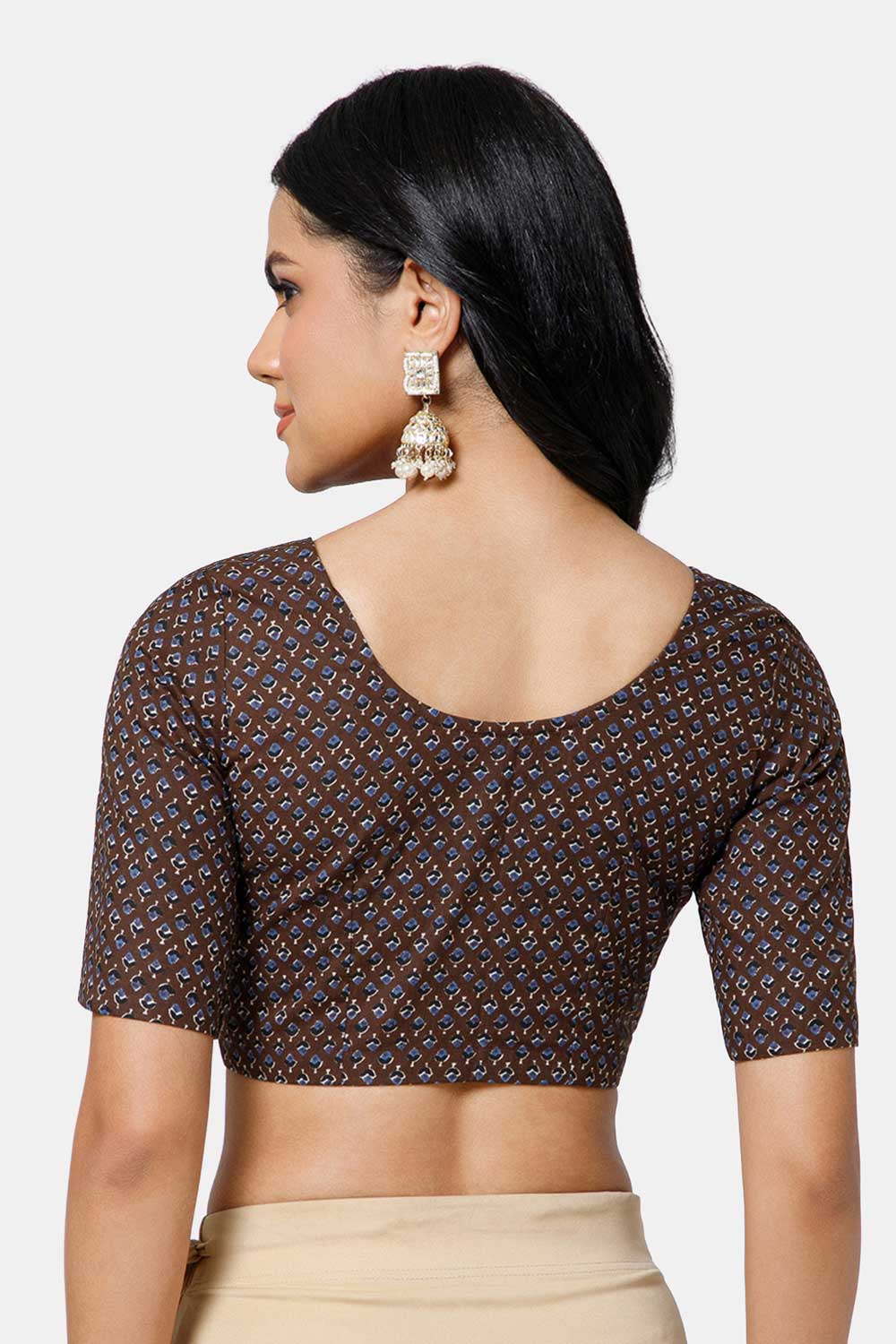 Naidu Hall Women’s Cotton Blouse – U Neck Front Open Saree Blouse with Princess Cut & Elbow Sleeves | Traditional & Casual Ethnic Wear Blouse for Women - Black - BU17-P1