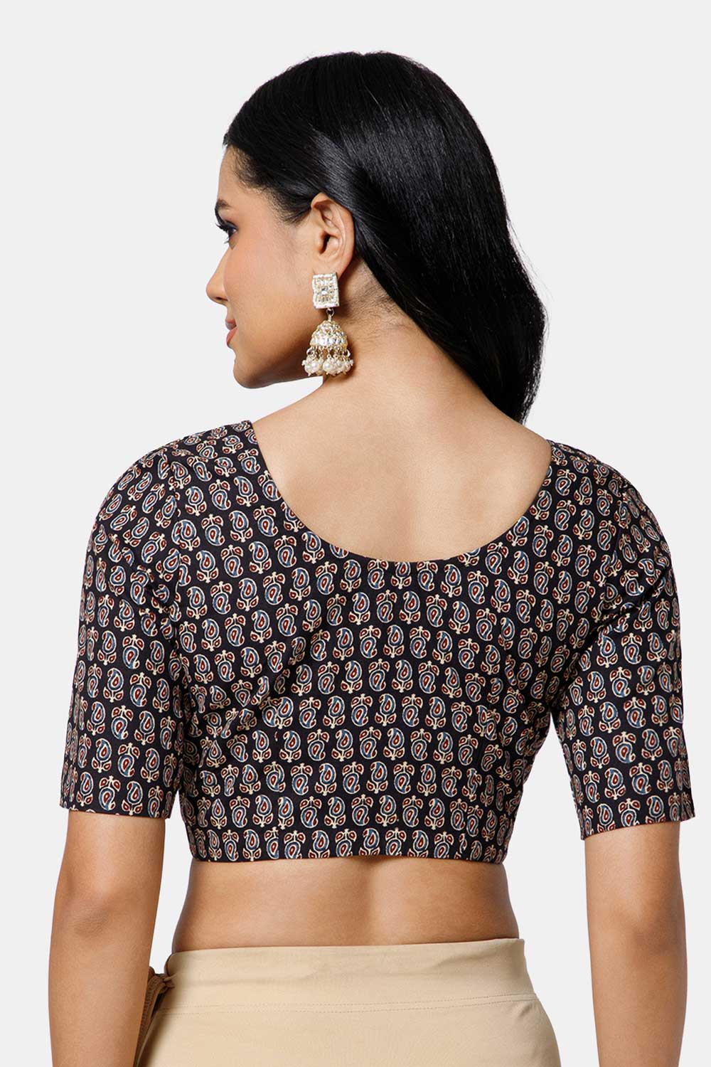 Naidu Hall Women’s Cotton Blouse – U Neck Front Open Saree Blouse with Princess Cut & Elbow Sleeves | Traditional & Casual Ethnic Wear Blouse for Women - Black - BU17-P1