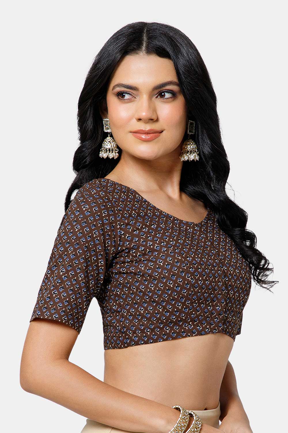 Naidu Hall Women’s Cotton Blouse – U Neck Front Open Saree Blouse with Princess Cut & Elbow Sleeves | Traditional & Casual Ethnic Wear Blouse for Women - Black - BU17-P1