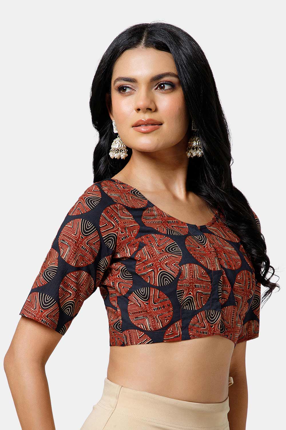 Naidu Hall Women’s Cotton Blouse – U Neck Front Open Saree Blouse with Princess Cut & Elbow Sleeves | Traditional & Casual Ethnic Wear Blouse for Women - Red - BU17-P3