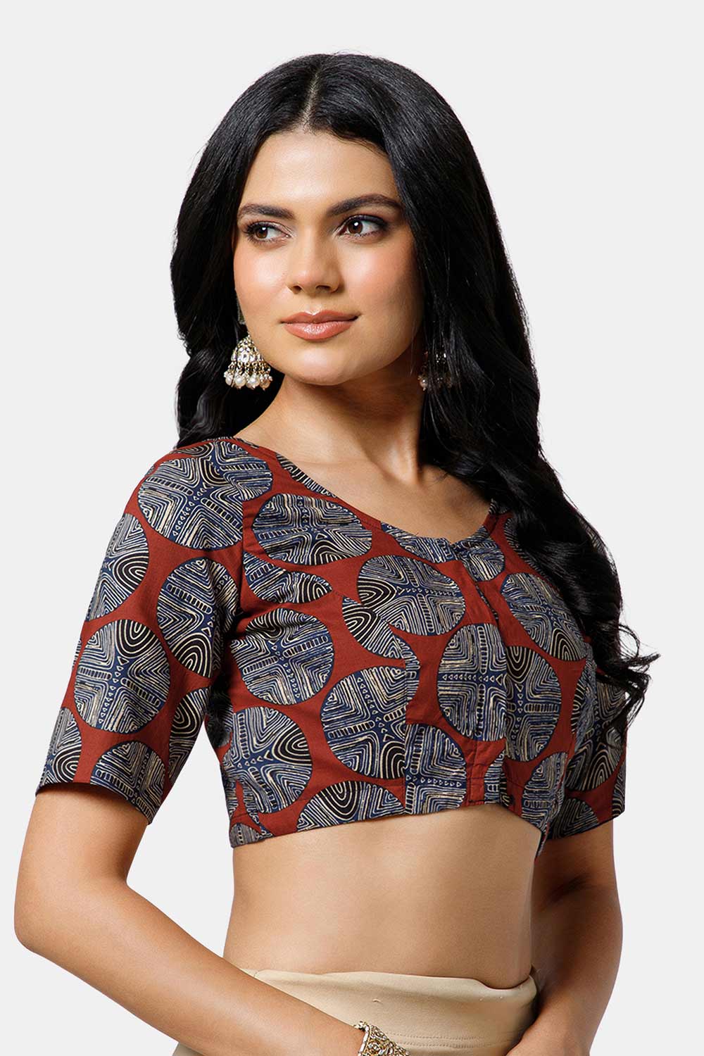 Naidu Hall Women’s Cotton Blouse – U Neck Front Open Saree Blouse with Princess Cut & Elbow Sleeves | Traditional & Casual Ethnic Wear Blouse for Women - Blue - BU17-P3