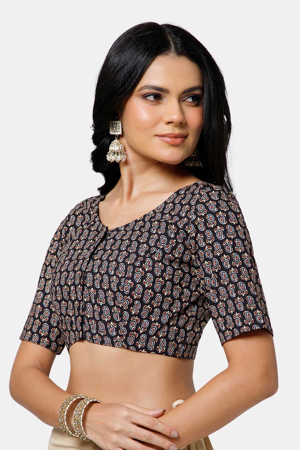 Naidu Hall Women’s Cotton Blouse – U Neck Front Open Saree Blouse with Princess Cut & Elbow Sleeves | Traditional & Casual Ethnic Wear Blouse for Women - Black - BU17-P1