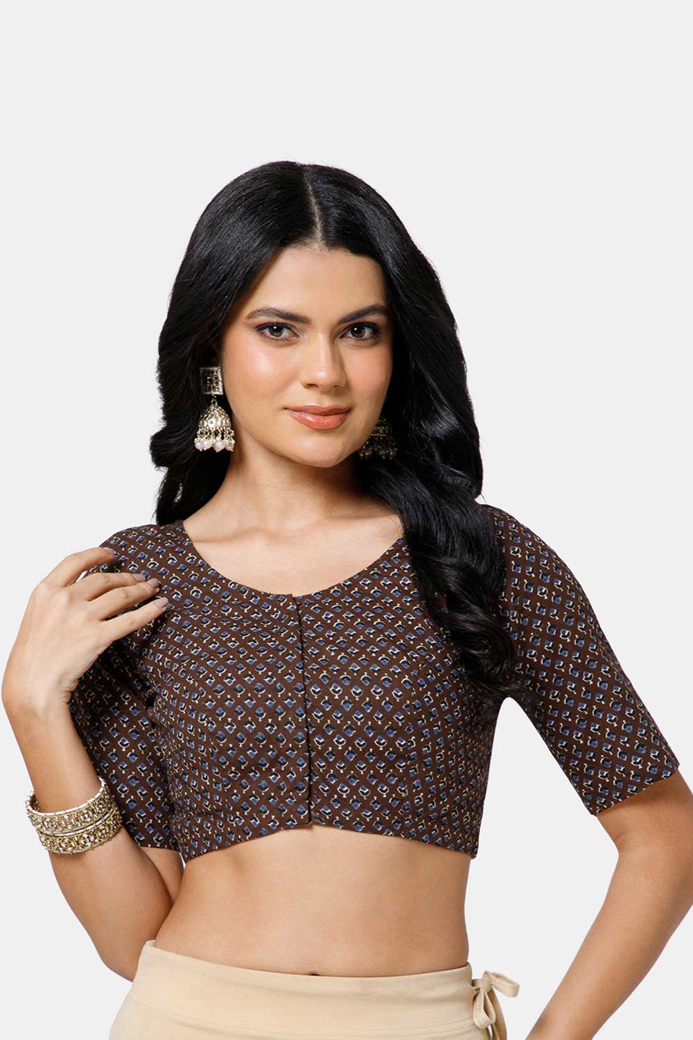 Naidu Hall Women’s Cotton Blouse – U Neck Front Open Saree Blouse with Princess Cut & Elbow Sleeves | Traditional & Casual Ethnic Wear Blouse for Women - Black - BU17-P1