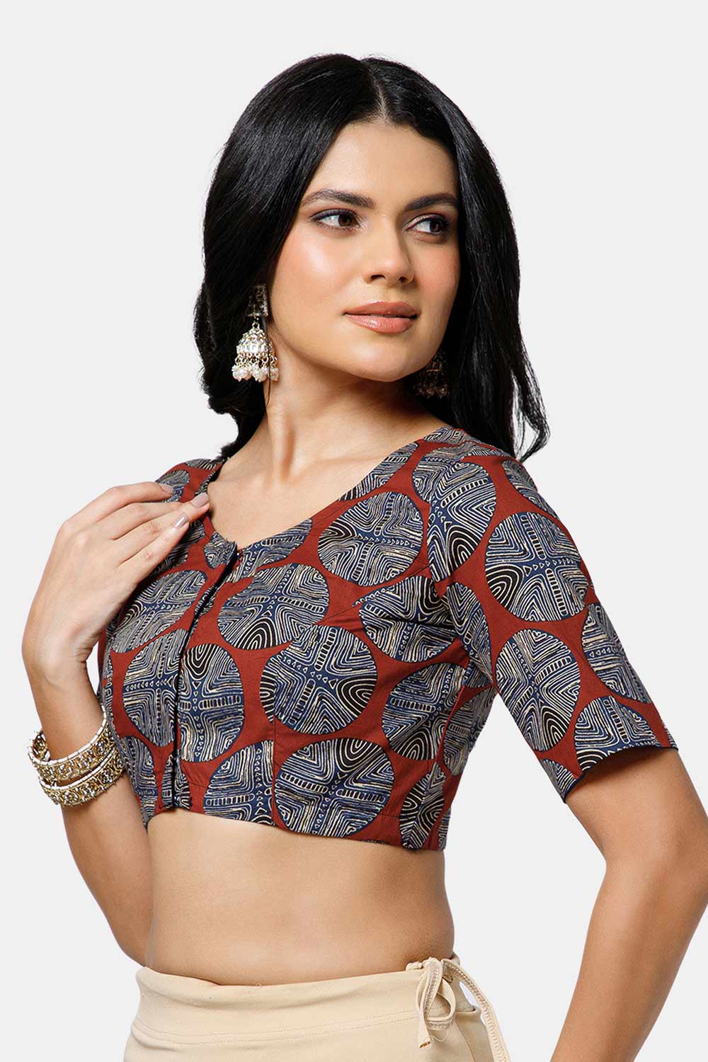 Naidu Hall Women’s Cotton Blouse – U Neck Front Open Saree Blouse with Princess Cut & Elbow Sleeves | Traditional & Casual Ethnic Wear Blouse for Women - Blue - BU17-P3