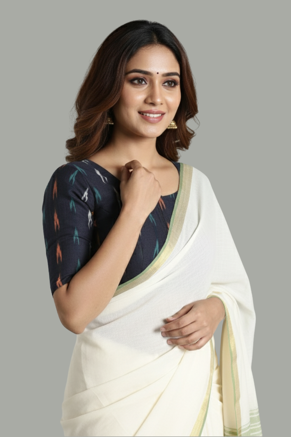 Naidu Hall Women's Cotton Ikat Blouse – U-Neck Princess Cut Designer Saree Blouse with Elbow Sleeves - Navy Blue - BU17