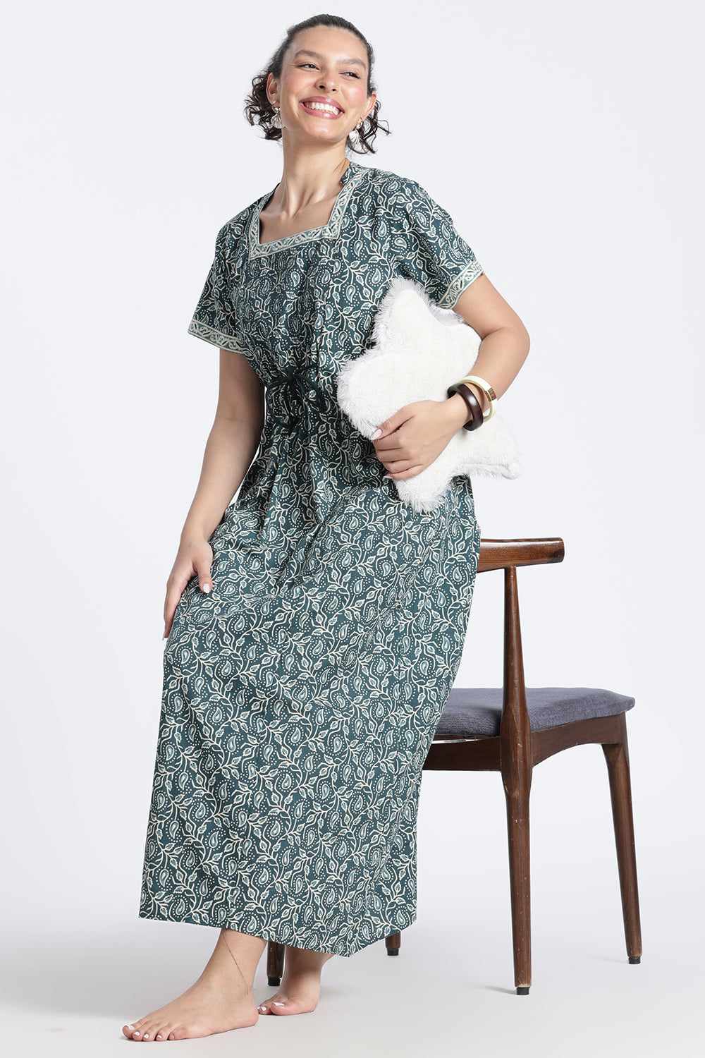 Naidu Hall Women’s Printed Cotton Nighty | Full-Length Daily Wear & Sleepwear Nightdress with Square Neck & Mandarin Collar
 - NB22