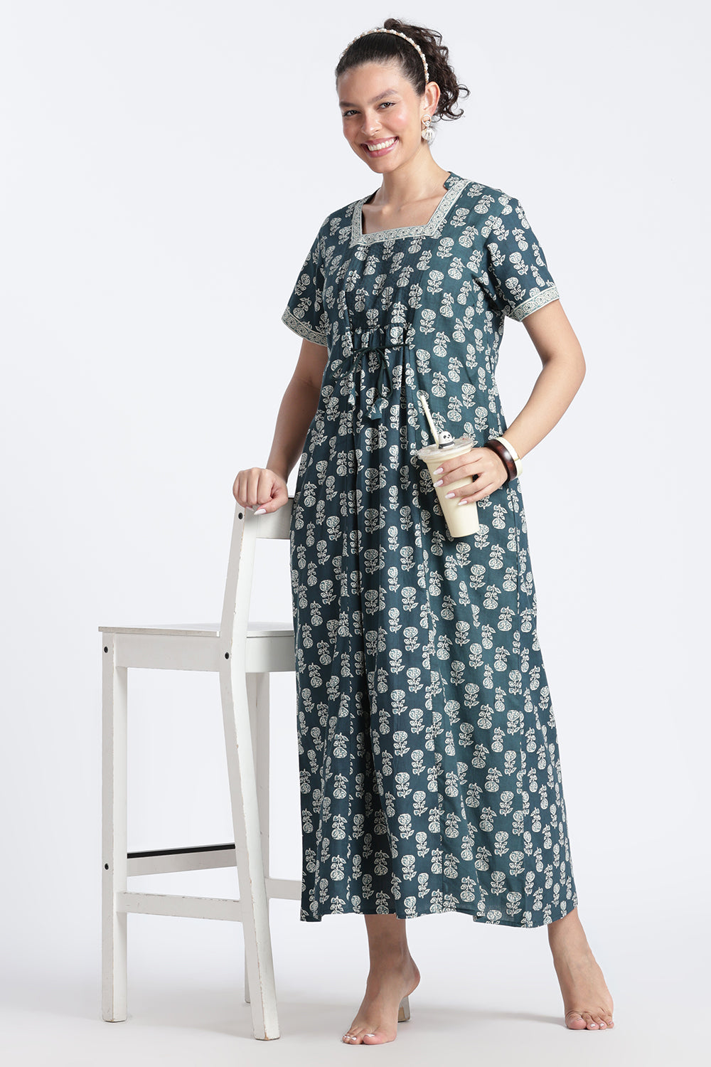 Naidu Hall Women’s Printed Cotton Nighty | Full-Length Daily Wear & Sleepwear Nightdress with Square Neck & Mandarin Collar
 - NB23